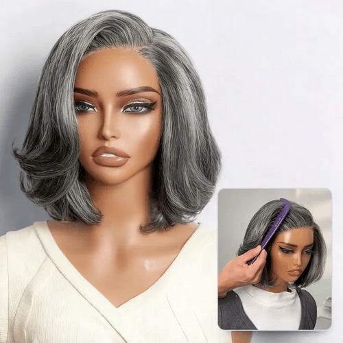 100% Human Hair Layered Bob Wig Glueless Minimalist Lace Grey Wig Pre-Cut Lace